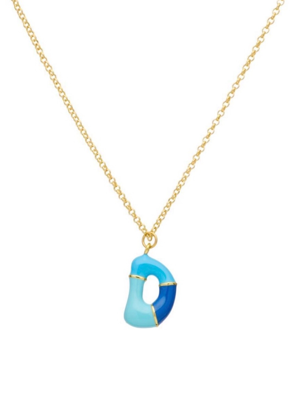 Gold Chain Necklace with Two-Tone Turquoise Blue Pendant “D”